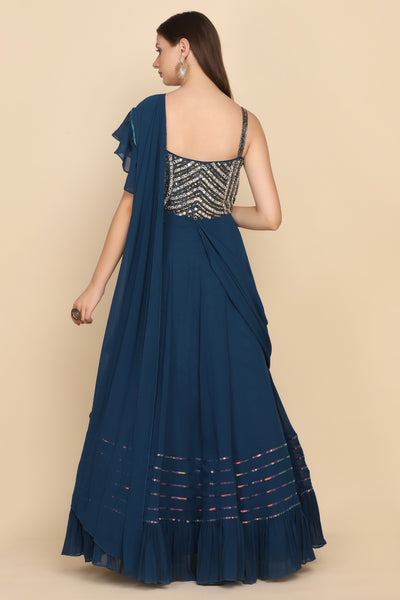 full back look of blue embroidered dress