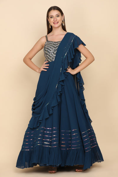 full front look of blue embroidered dress
