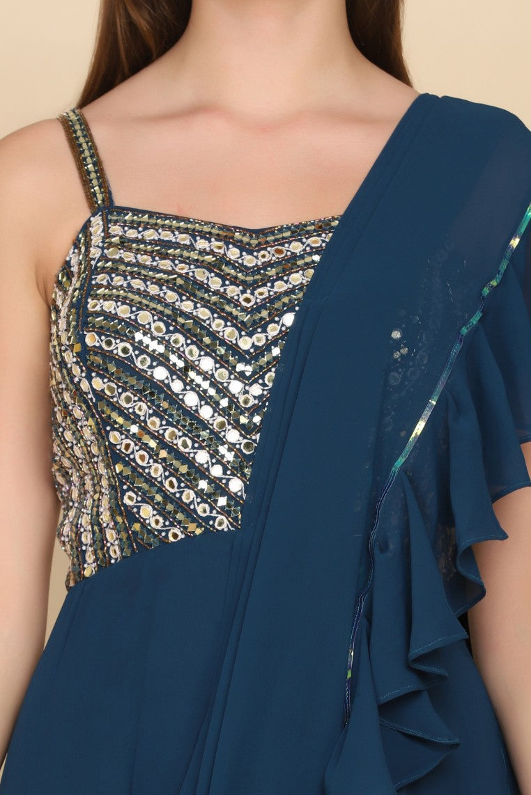 closer look of details of blue embroidered dress