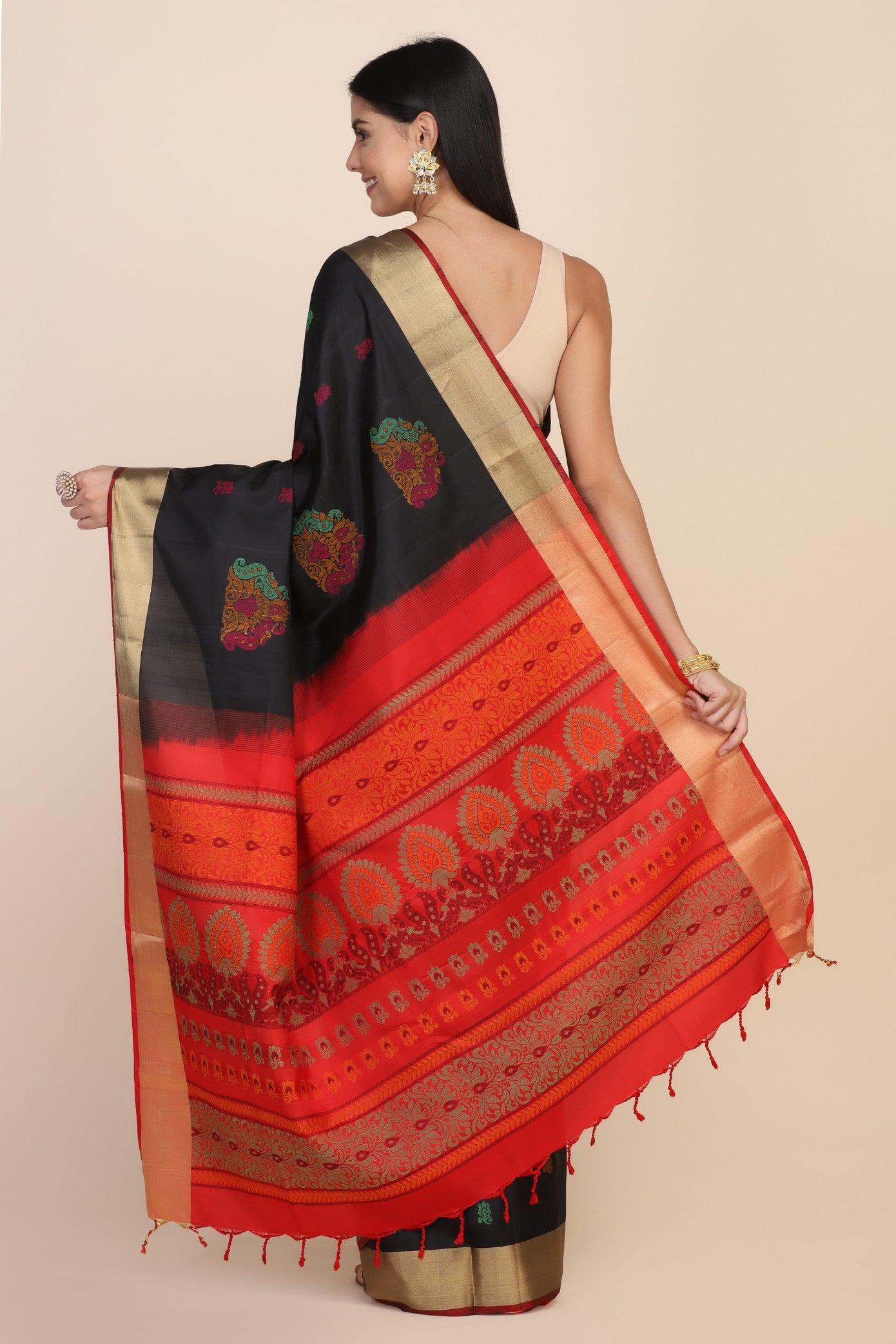 Classic black color floral motif woven saree