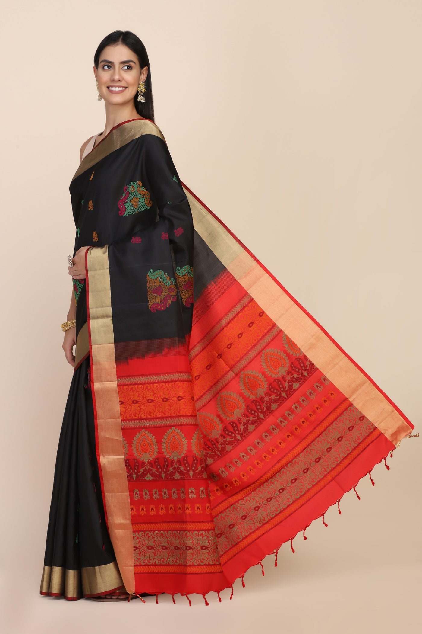 Classic black color floral motif woven saree
