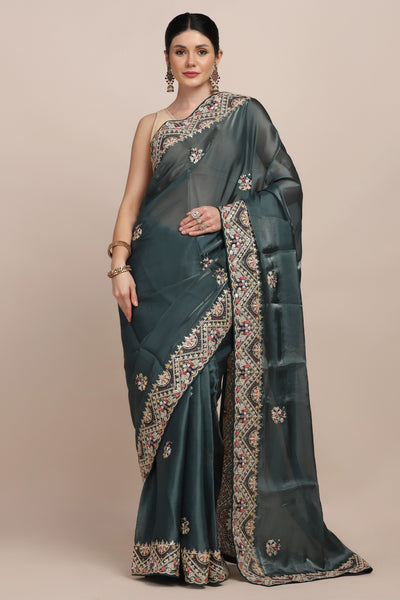 Beautiful bottle green color floral motif embroidered saree
