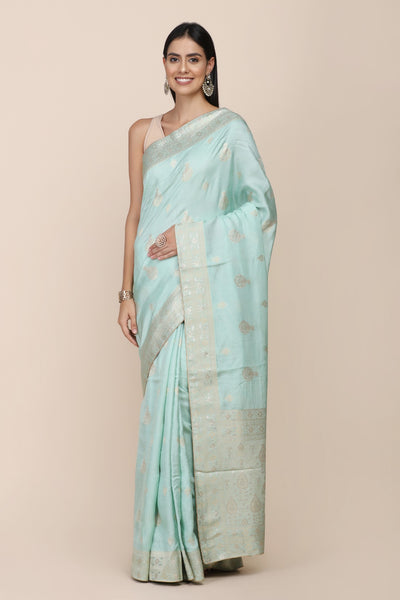 Adorable turquoise green color floral motif woven saree