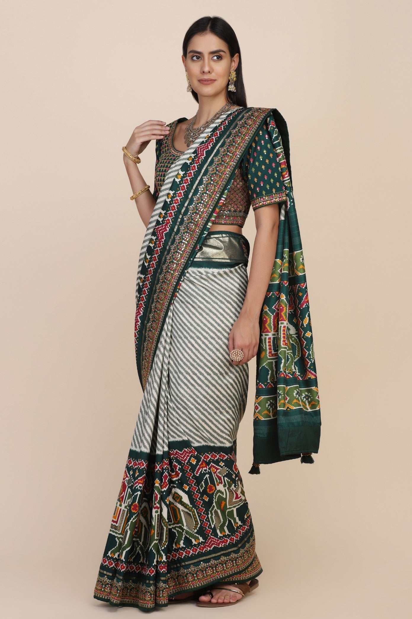 Stylish green color floral motif printed and embroidered saree