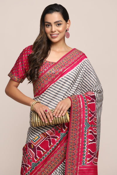 Classy pink color elephant motif printed and embroidered saree