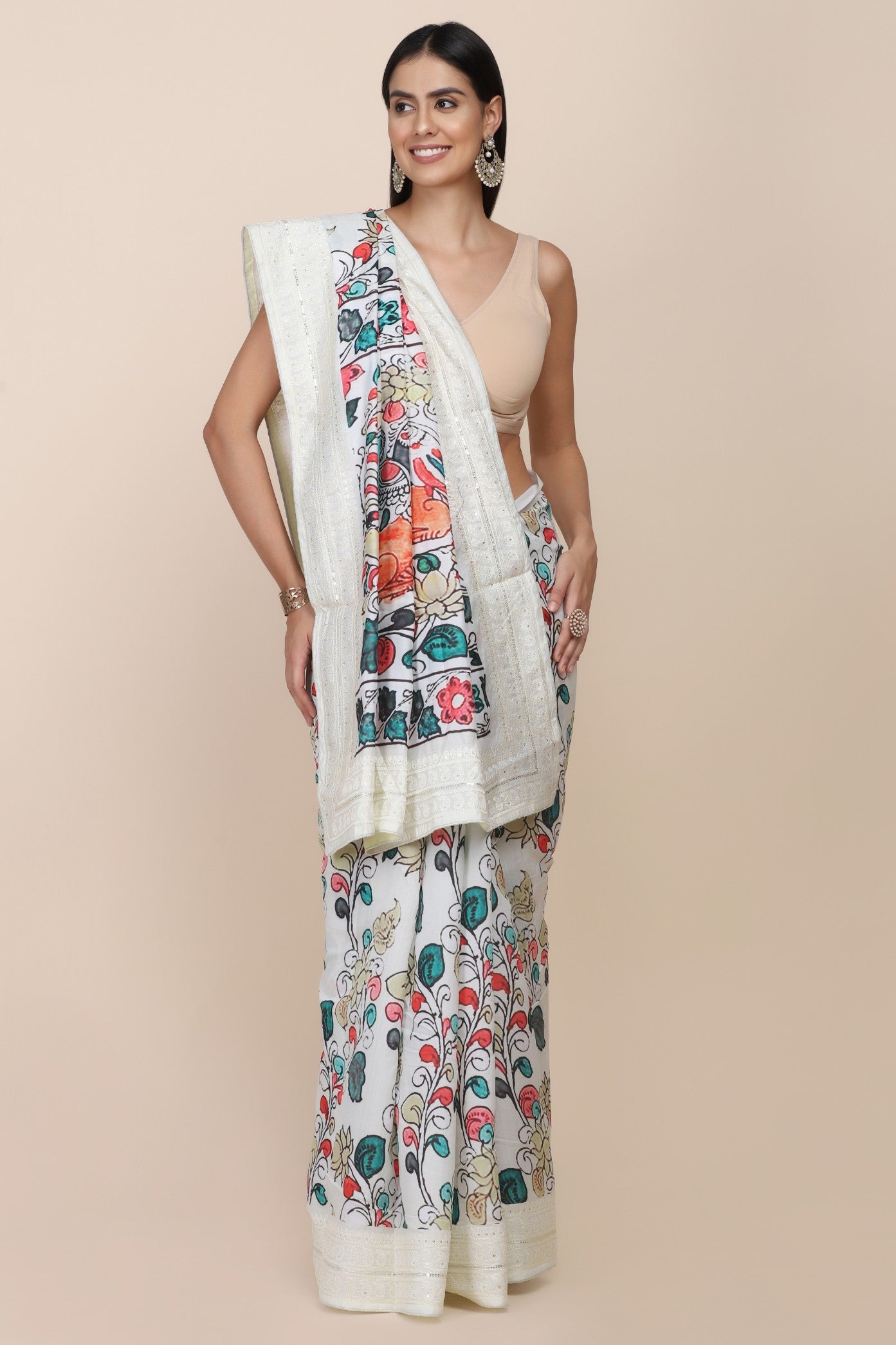 Stylish beige color floral motif printed saree