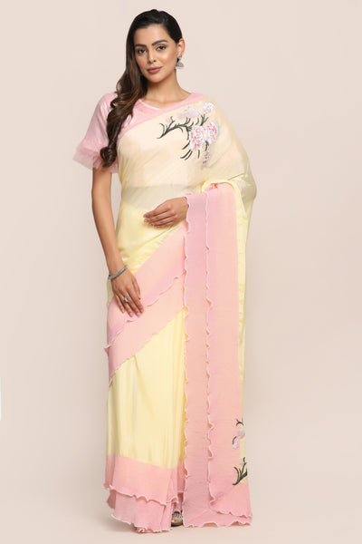 Glamorous yellow color embroidered ruffle saree