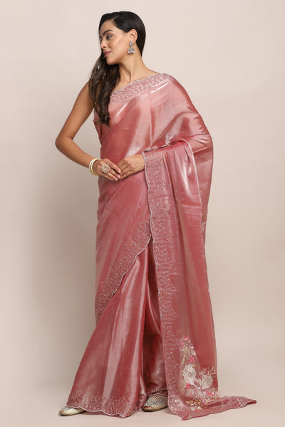 Gorgeous pink color floral motif embroidered saree
