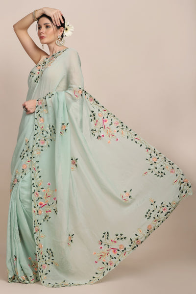 Beautiful sky blue color floral motif embroidered saree