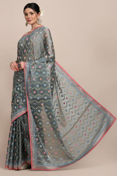 Stylish bluish grey color geometric motif woven saree