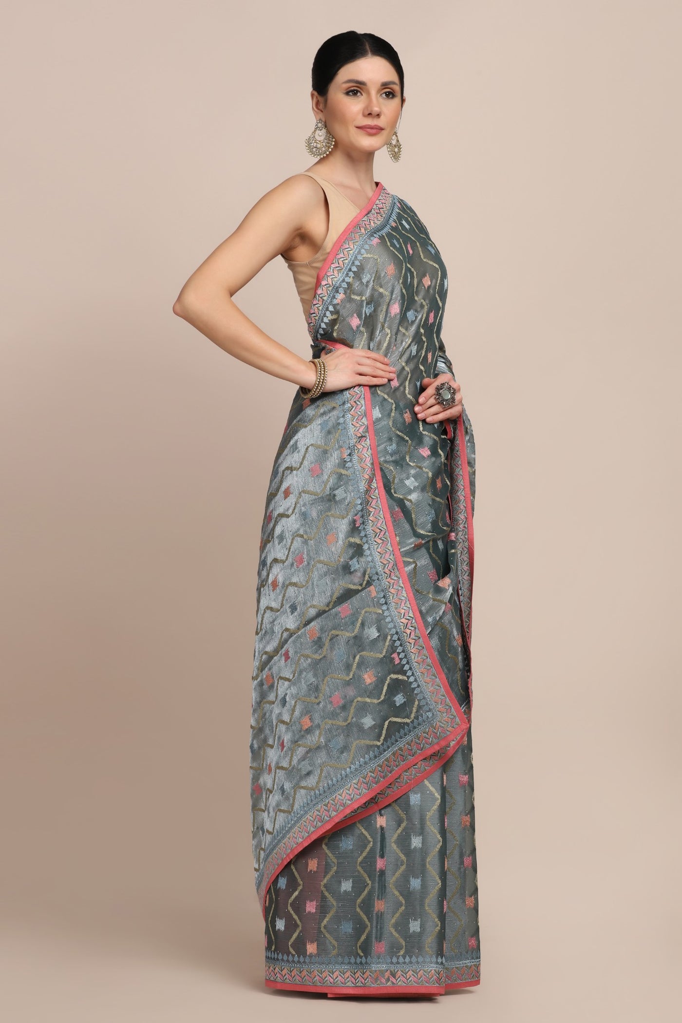 Stylish bluish grey color geometric motif woven saree