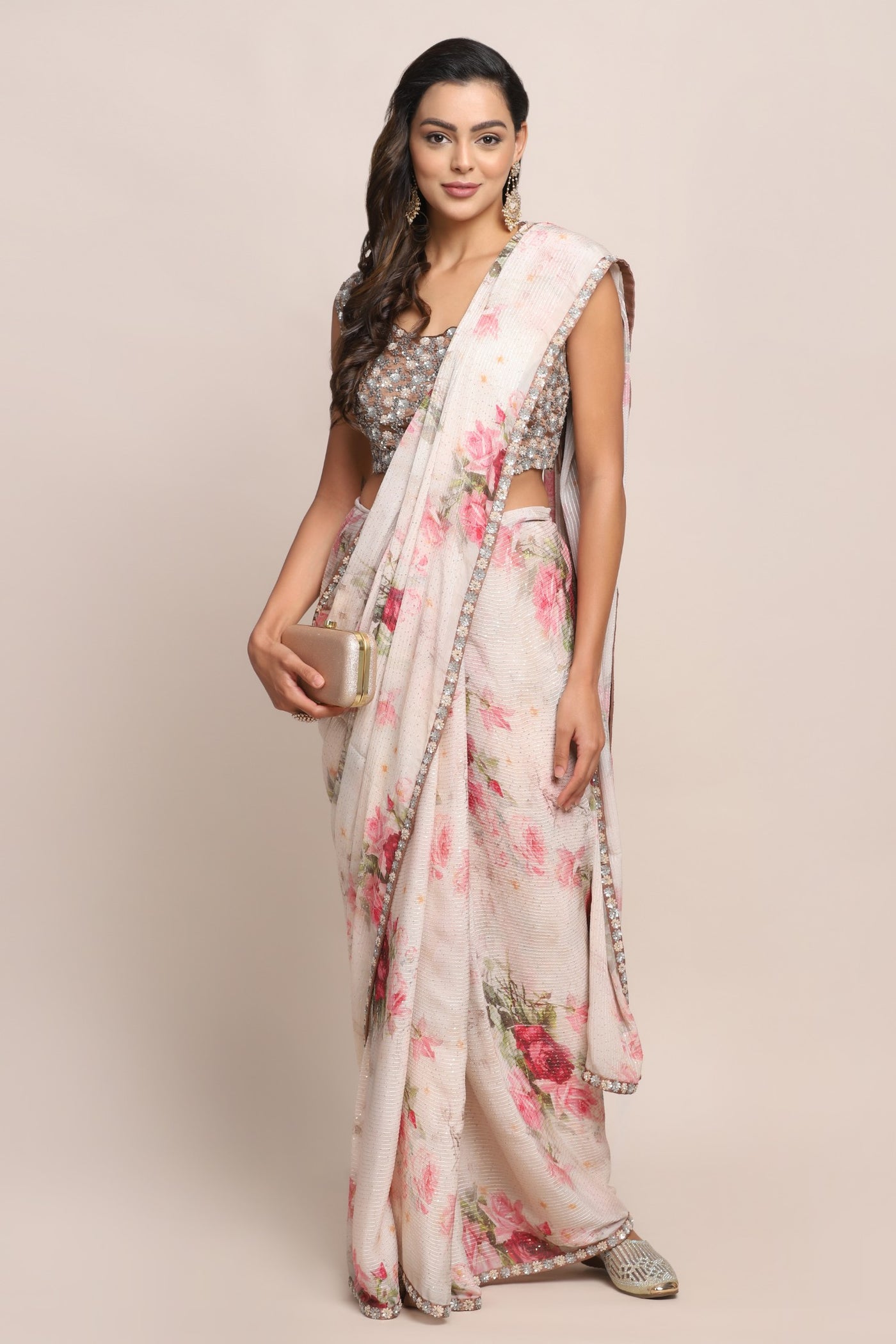 Classy pink color floral motif printed and embroidered saree