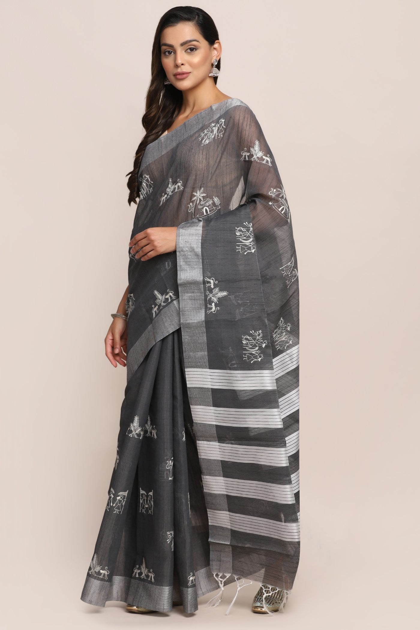 Classy grey color geometrical motif embroidered saree