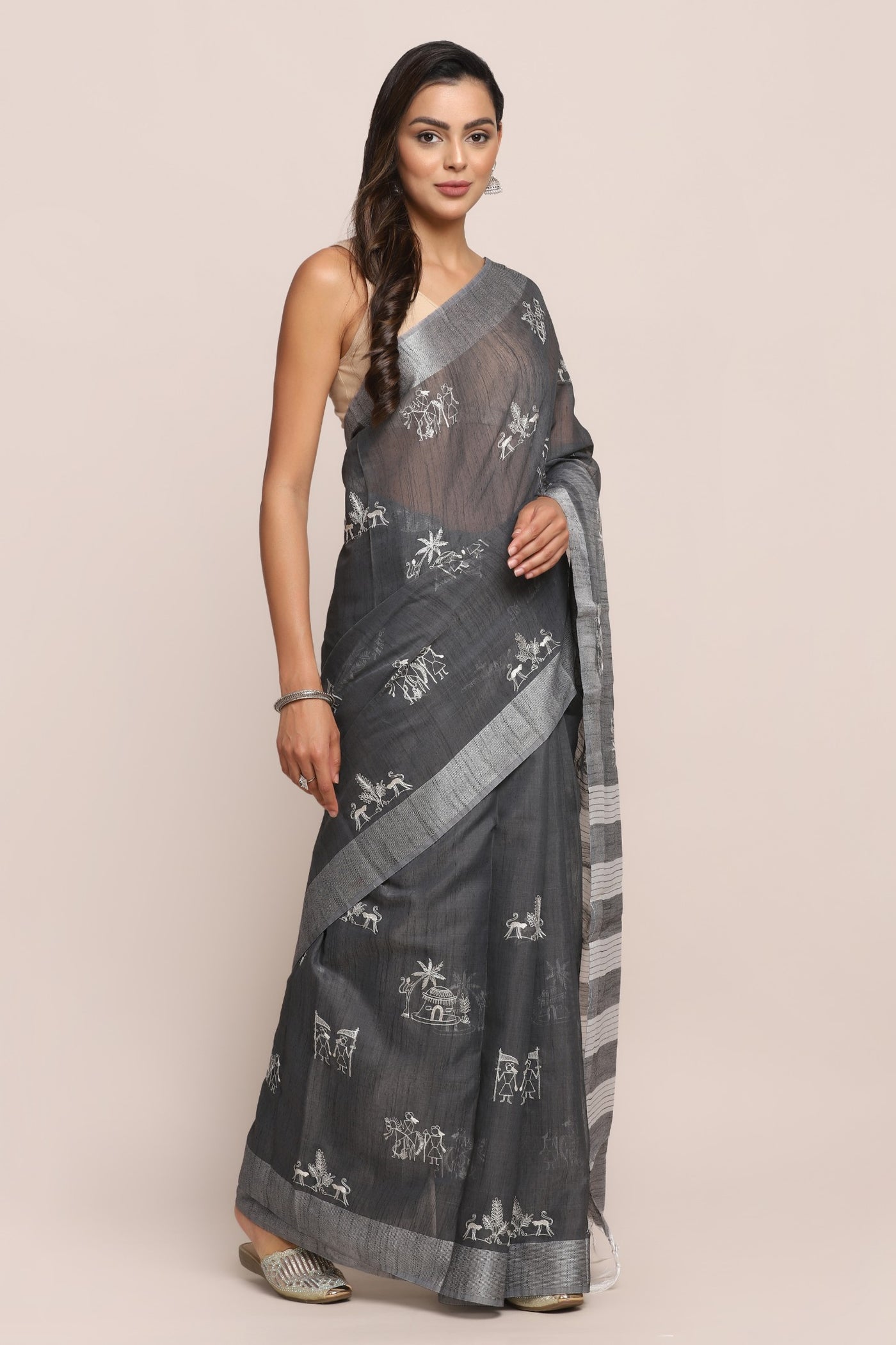 Classy grey color geometrical motif embroidered saree