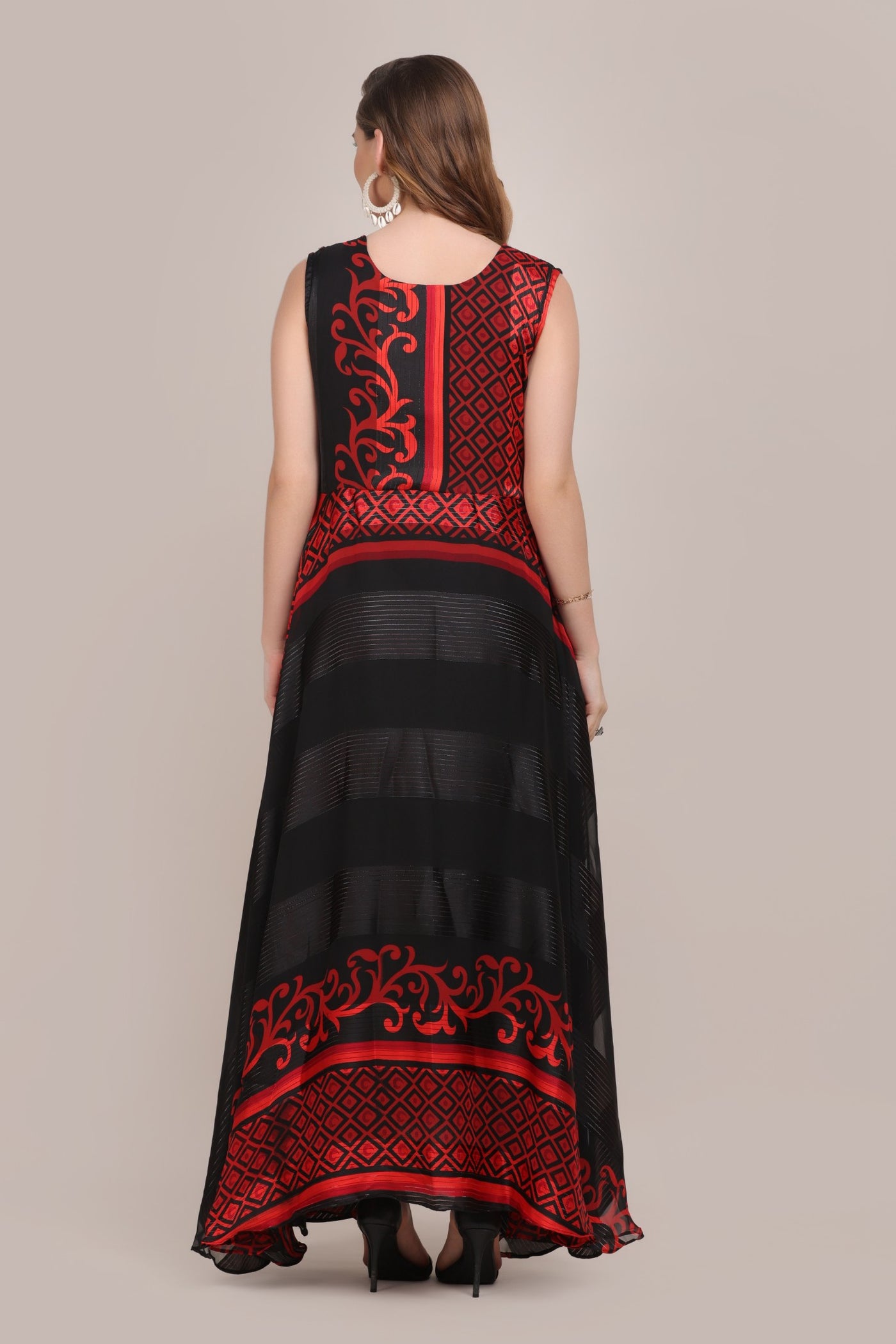 Beautiful red and black color geometrical motif printed kurti