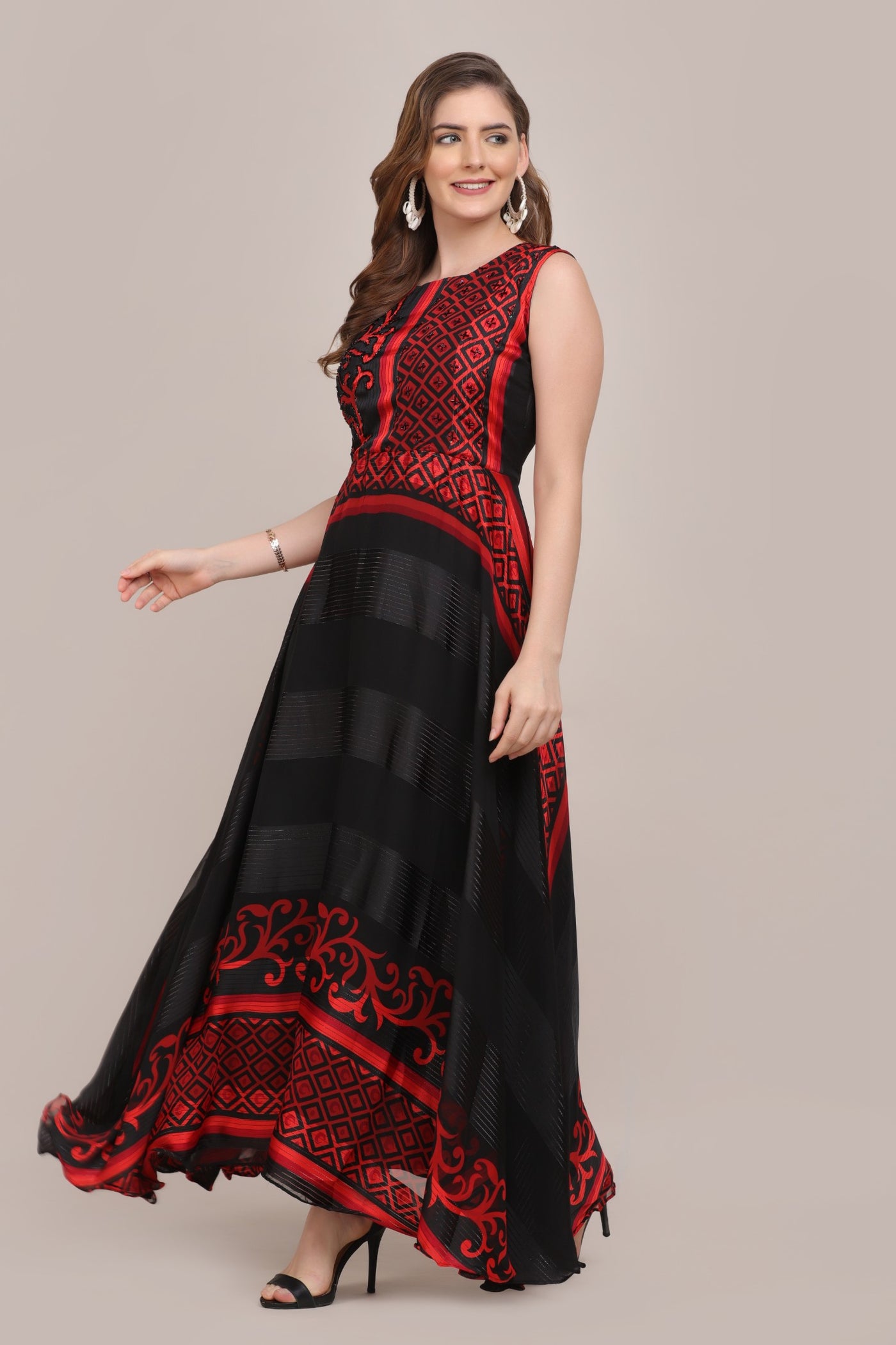 Beautiful red and black color geometrical motif printed kurti