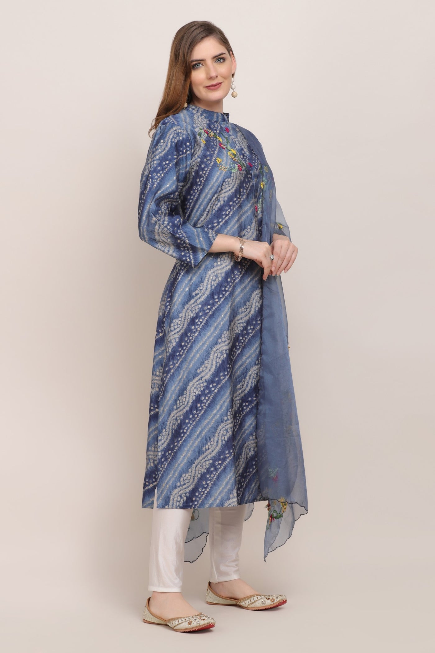 Elegant dark blue color tie and dyed bandhini embroidered kurti
