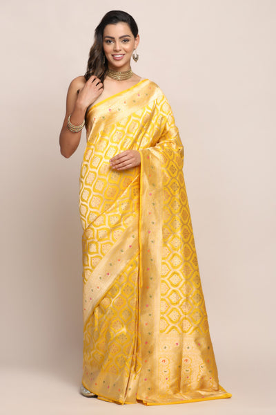 Classy yellow color floral motif handwoven saree