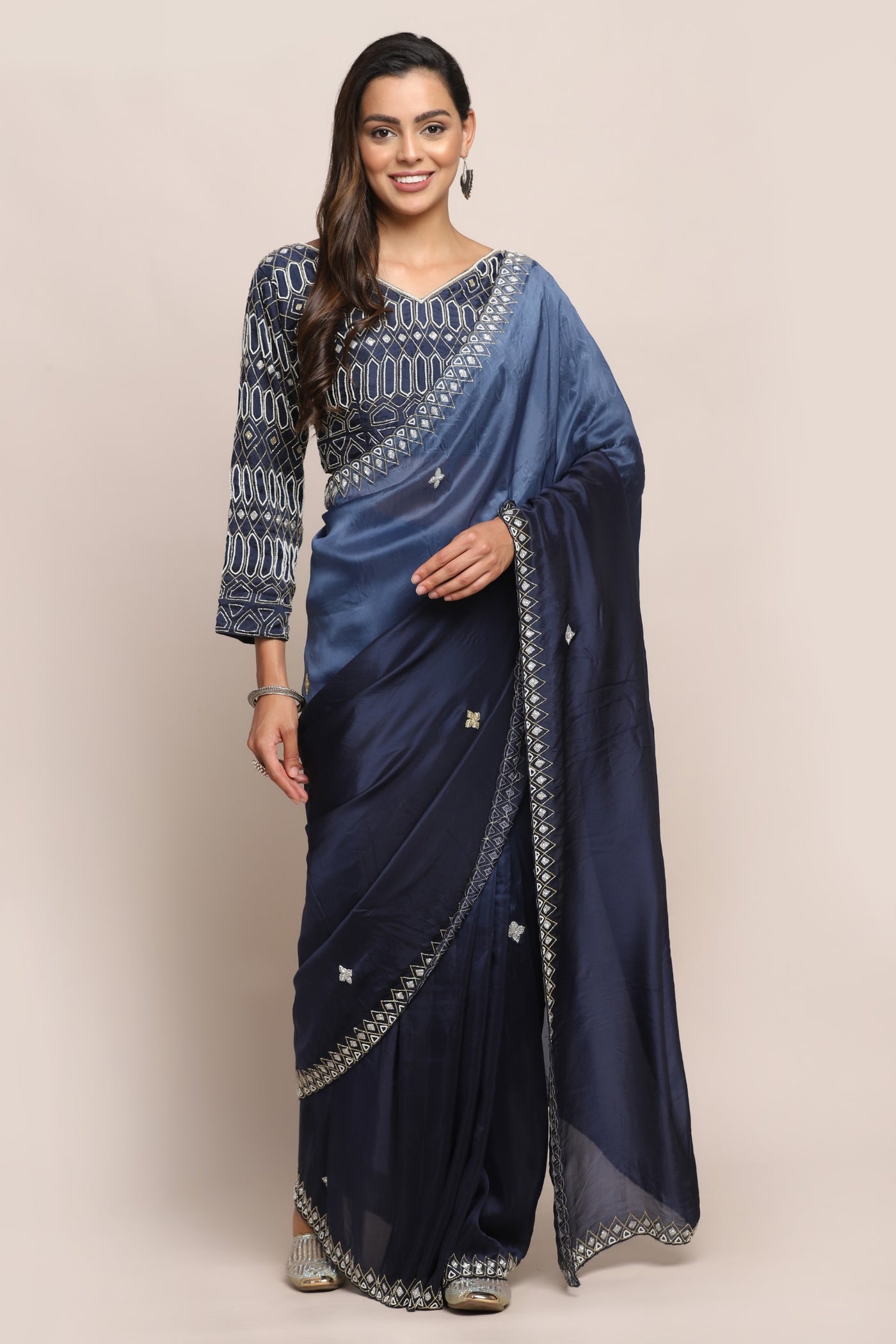 Classy royal blue shaded embroidered saree