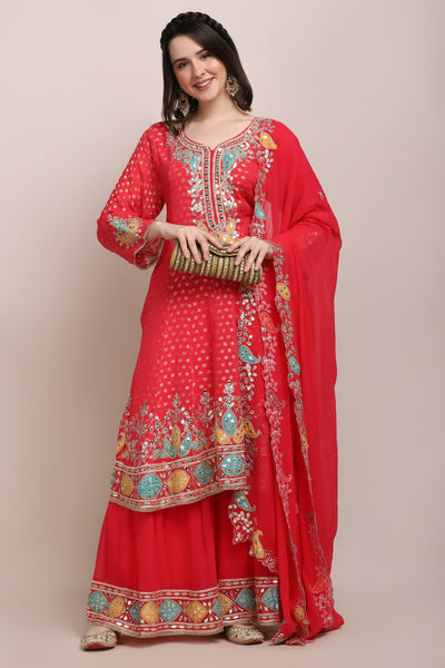 full front look of trendy embroidered kurti set