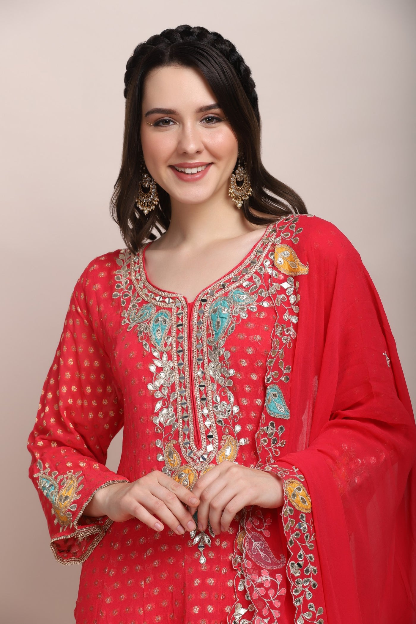 closer look of details of trendy embroidered kurti set