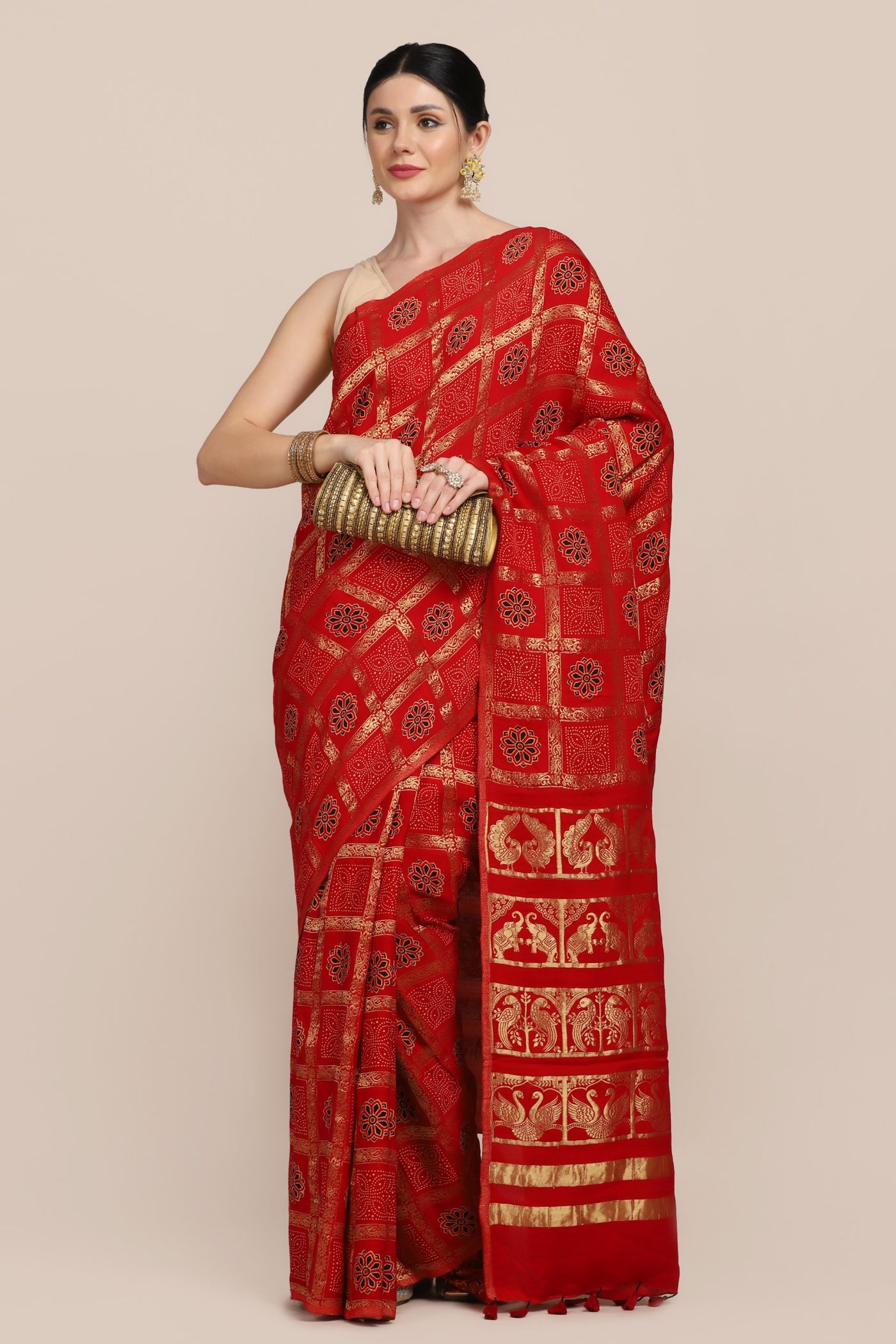 Classy red color floral motif printed saree