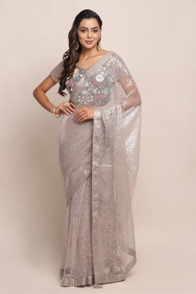 Stylish grey color floral motif embroidered saree