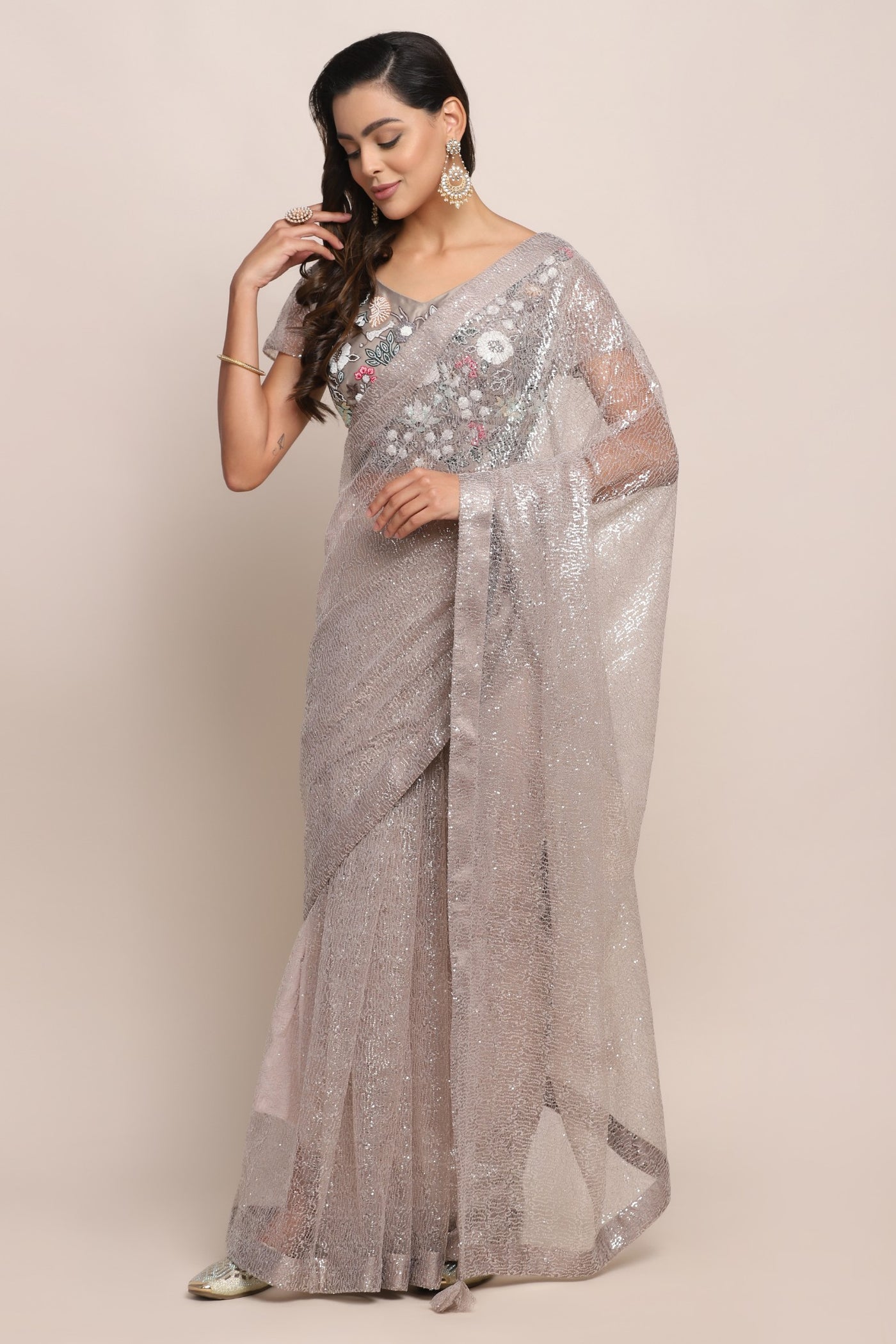 Stylish grey color floral motif embroidered saree