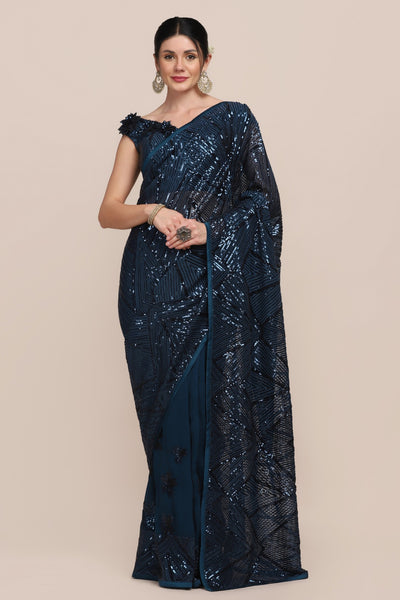Classy Blue Color Floral Motif Embroidered Saree