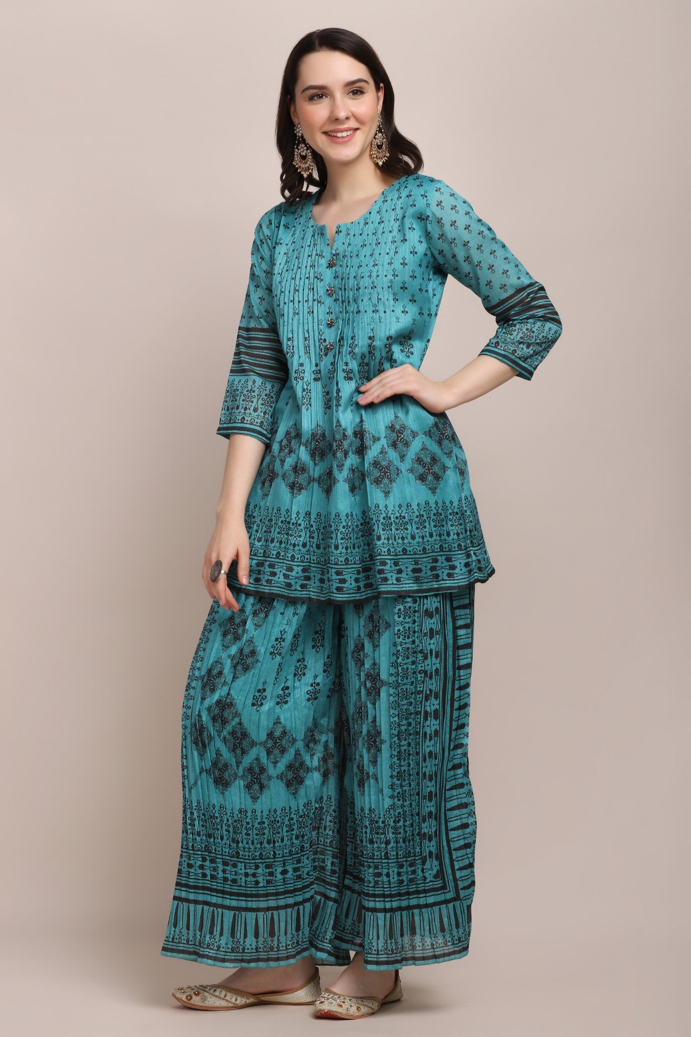 Classy Bottle Green Color Floral Motif Printed Palazzo Set