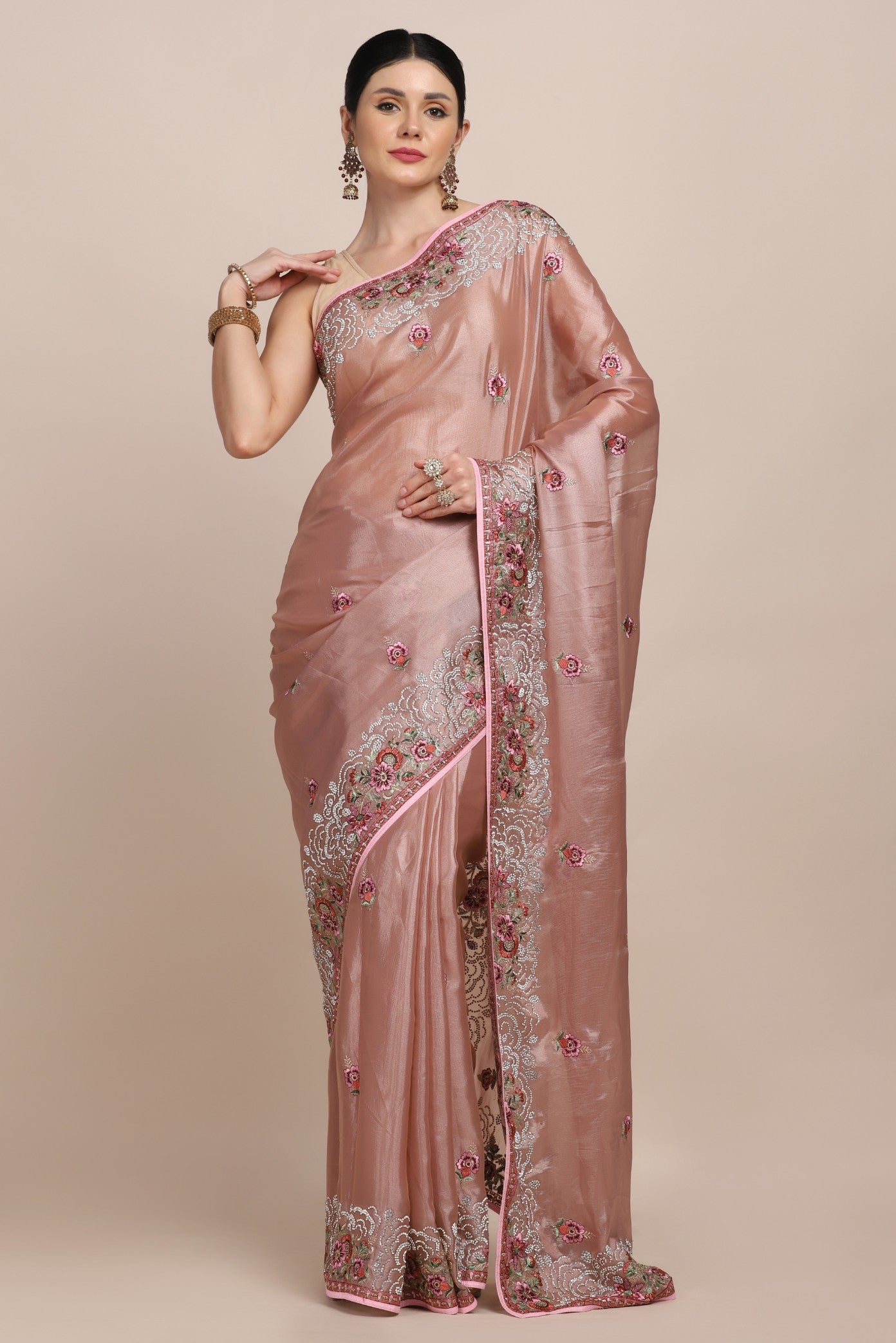 Full look of Onion pink floral embroidered saree