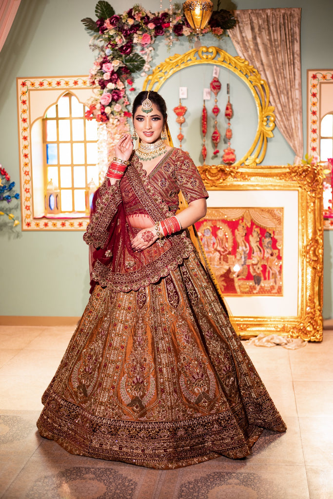 Designer Bridal Lehenga in Red and Golden Colour for Barat – Nameera by  Farooq