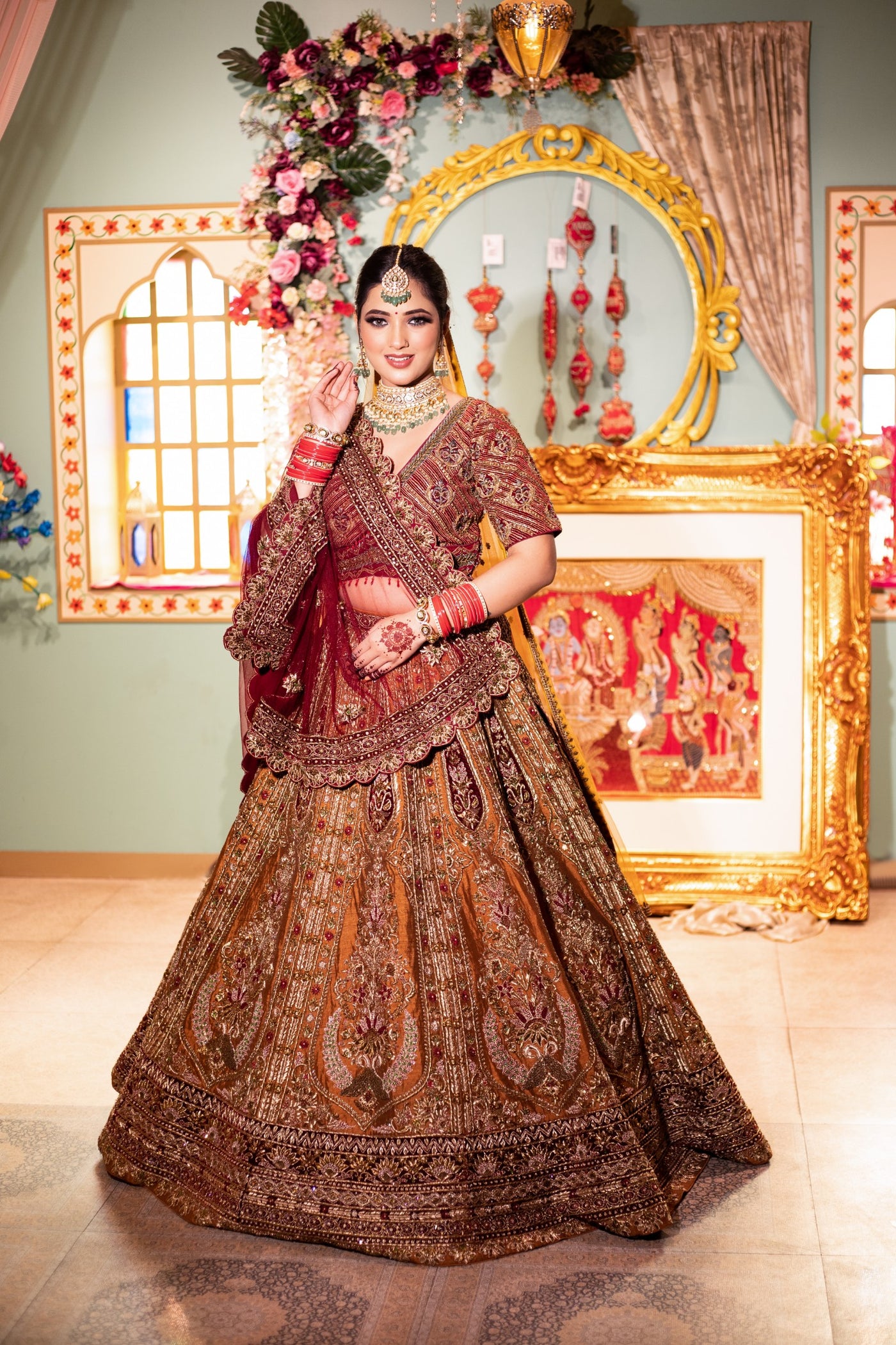 Beautiful Red And Mustard Colored Hand Embroidered Bridal Lehenga Set