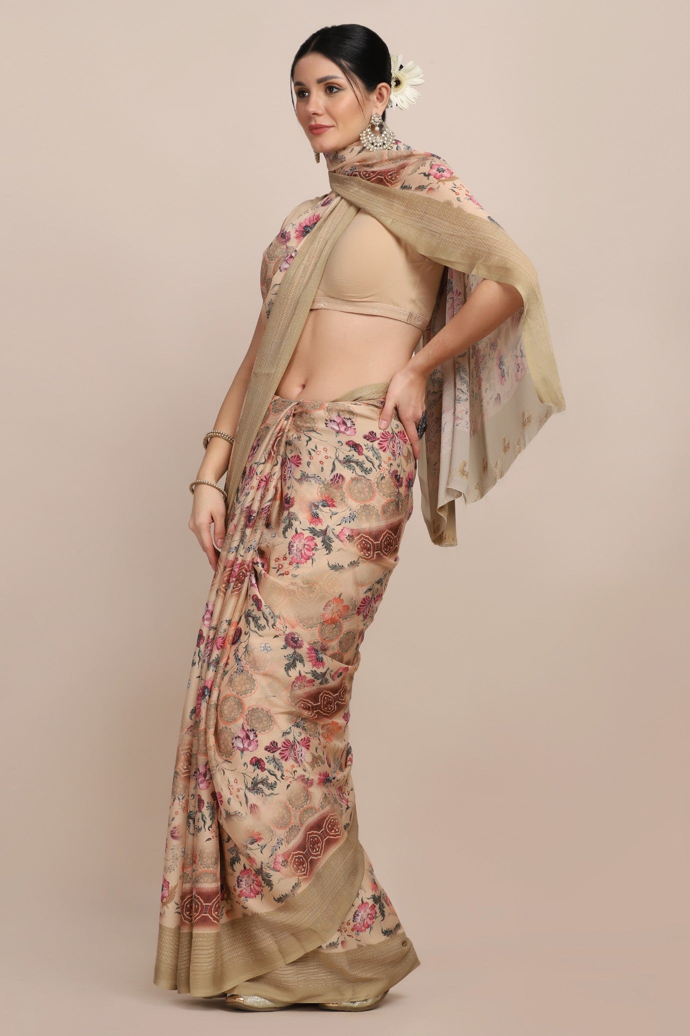 Beautiful beige color floral printed saree
