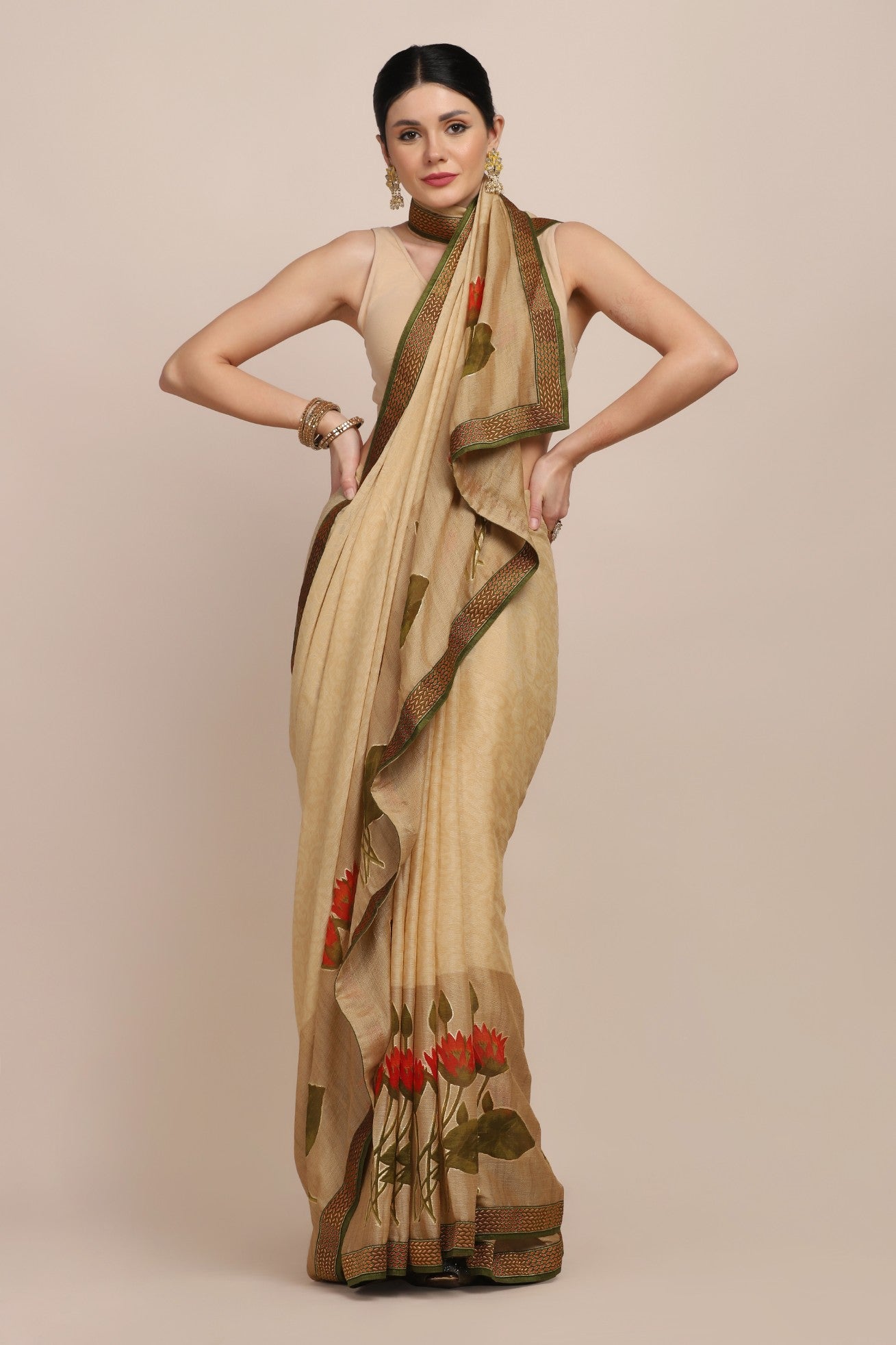 Classy brown color floral motif printed saree