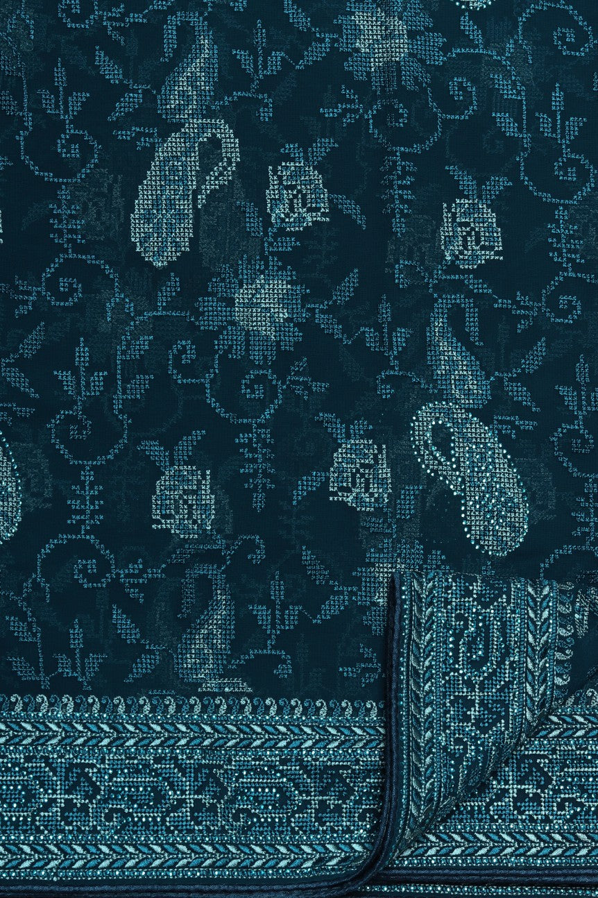 Elegant Blue color floral motif embroidered saree