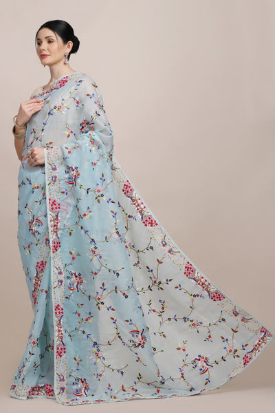 Elegant sky blue color floral motif embroidered saree