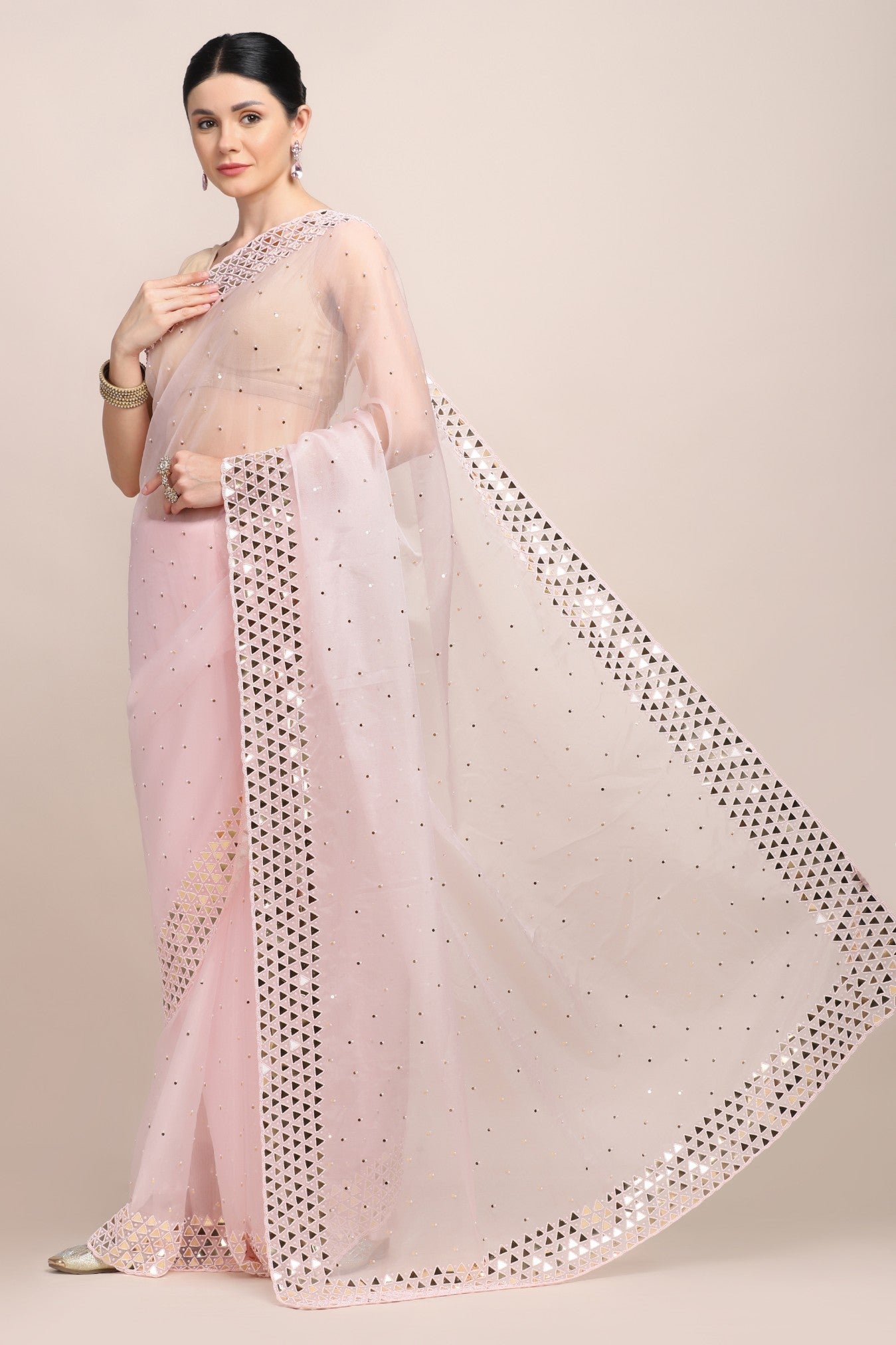 Elegant baby pink color mirror work saree