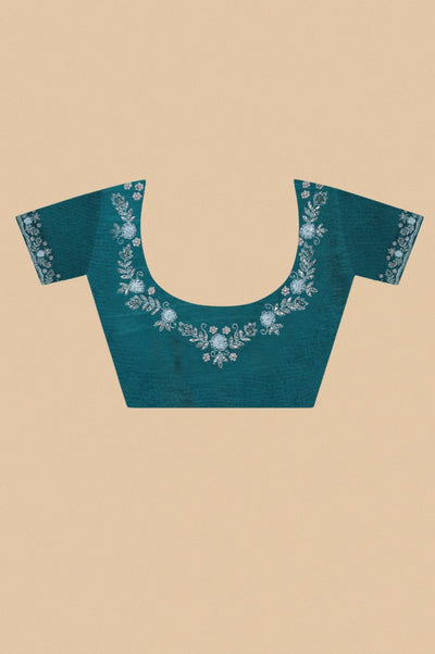 Elegant sky blue color floral motif embroidered digital print saree