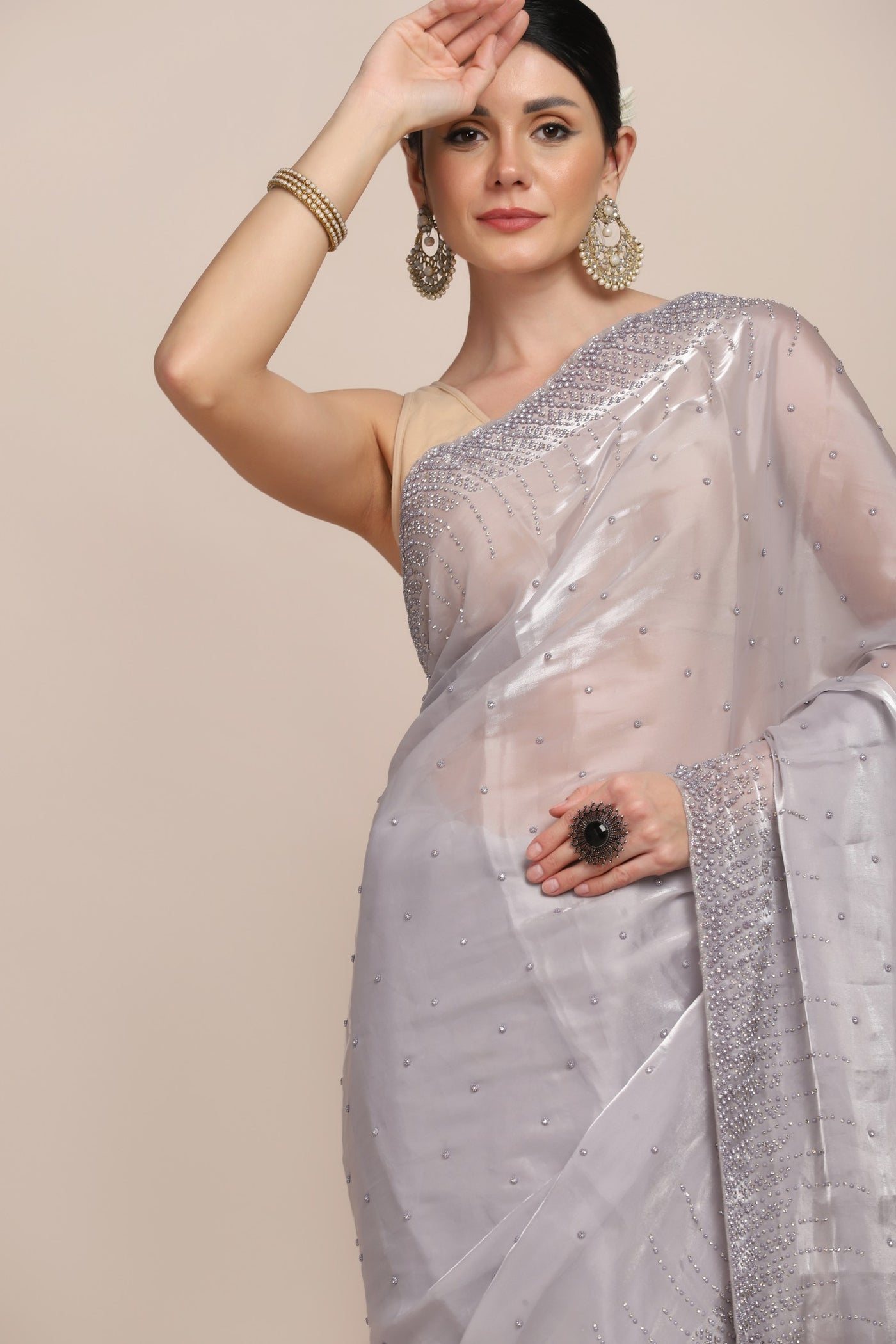 Stylish grey color embroidered saree