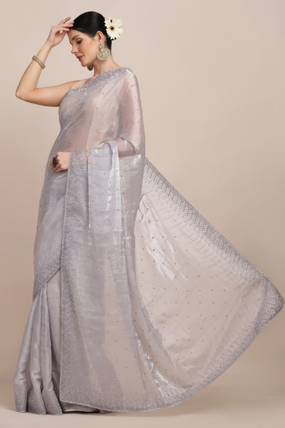 Stylish grey color embroidered saree