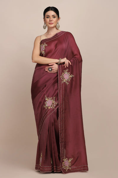 Classy wine color floral motif embroidered satin blend saree
