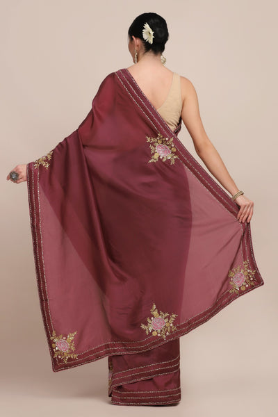 Classy wine color floral motif embroidered satin blend saree