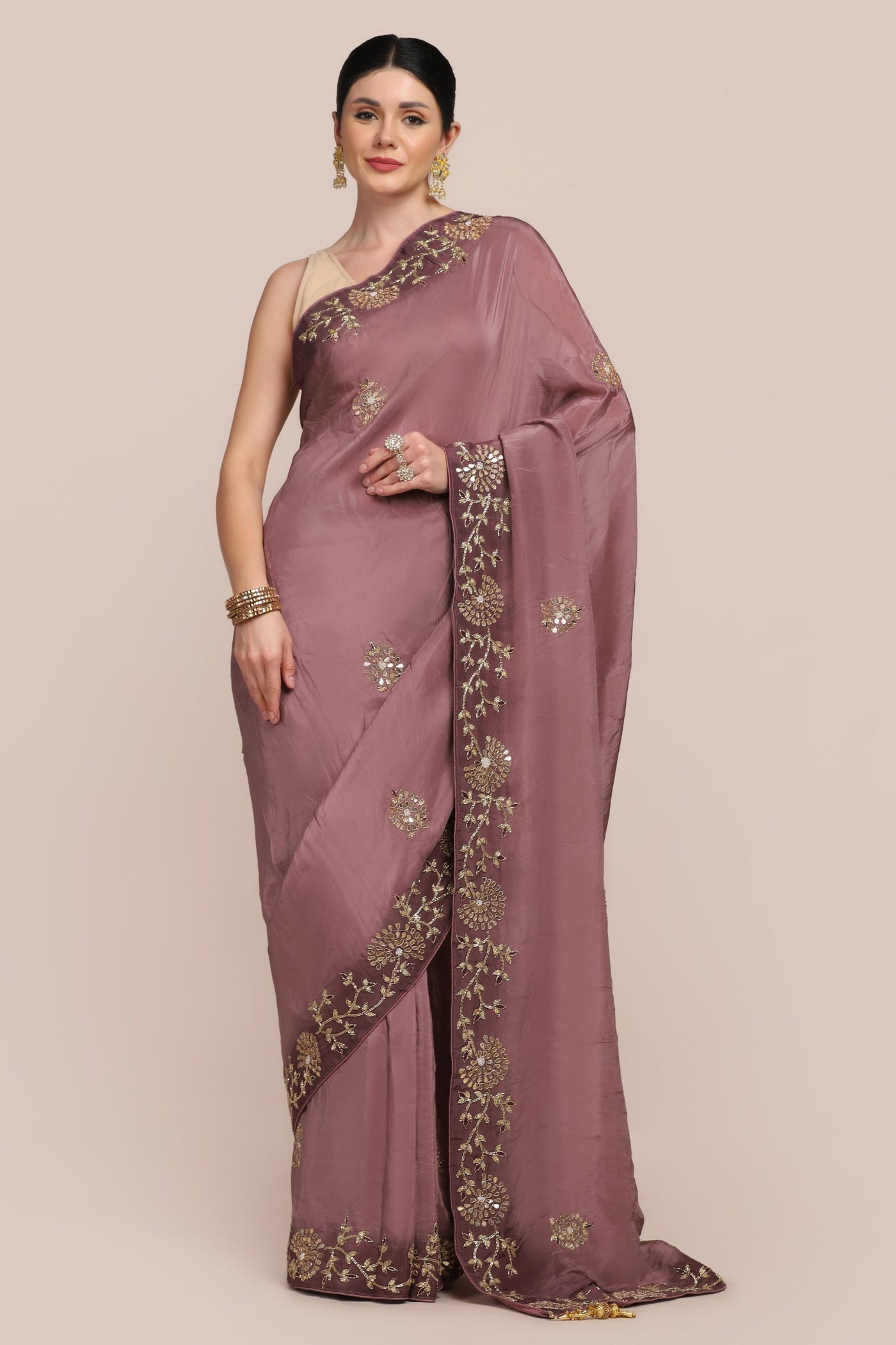 Beautiful mauve color floral embroidery saree