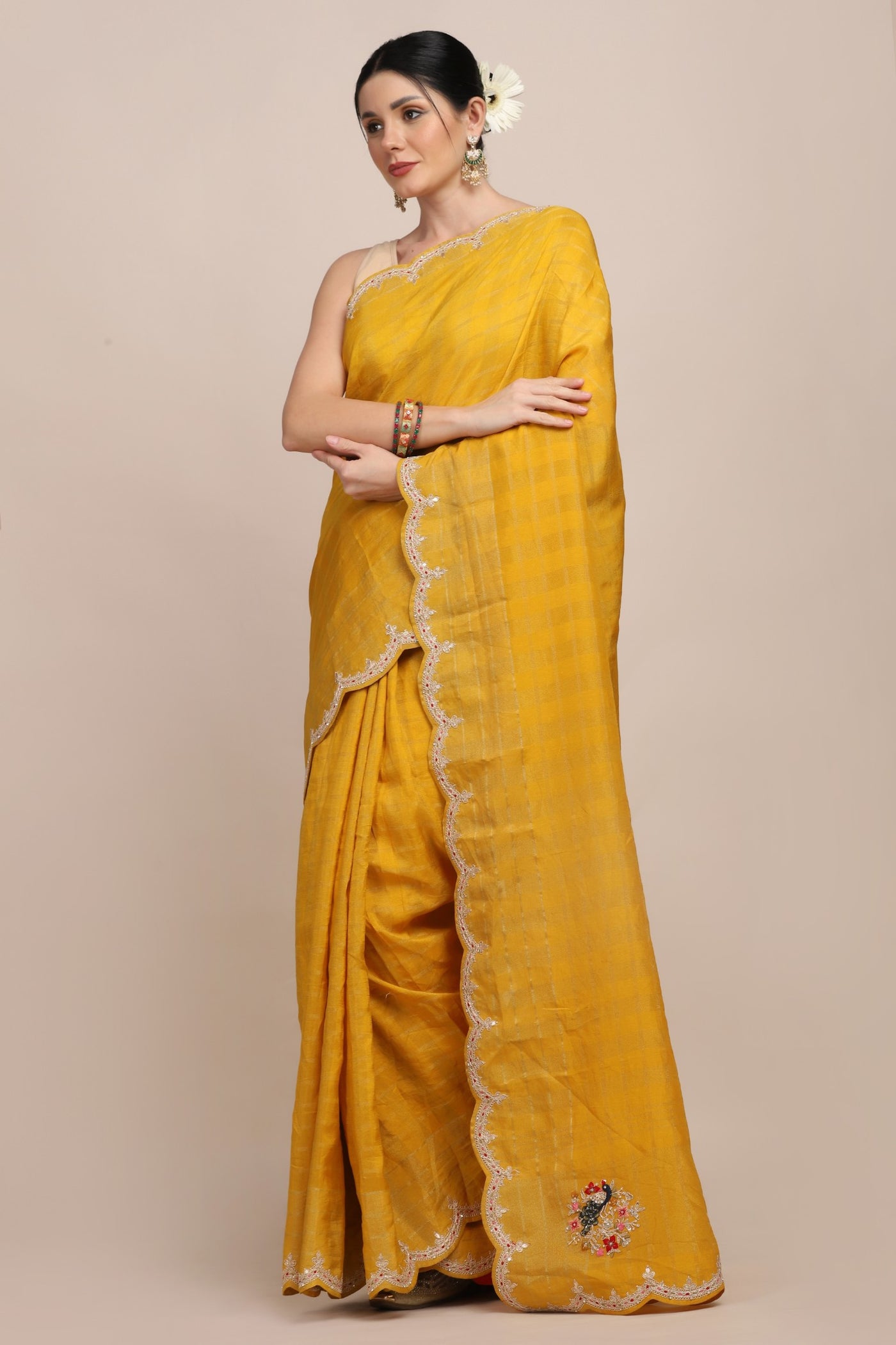 Elegant yellow color floral embroidered saree