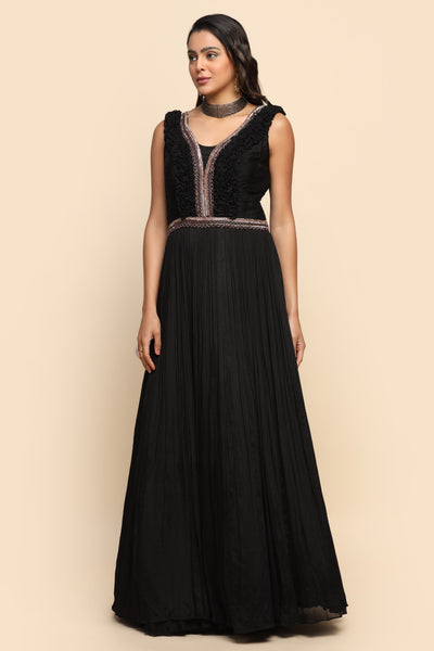 Goregeous Black Color with Ruffle Cut Work Neck Gown