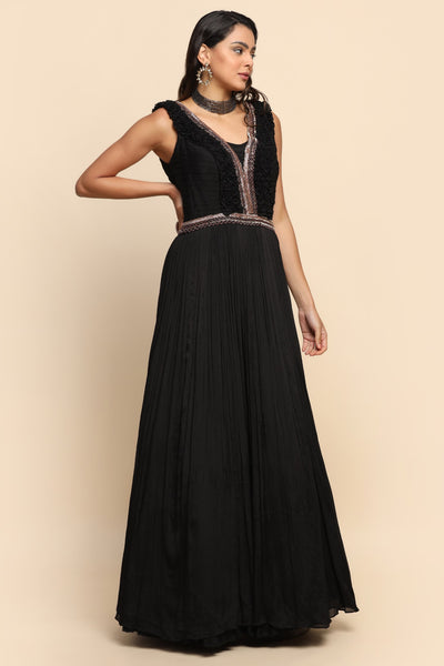 Goregeous Black Color with Ruffle Cut Work Neck Gown