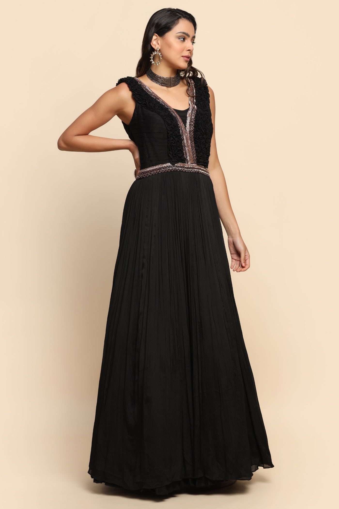 Classic black color dress with ruffles
