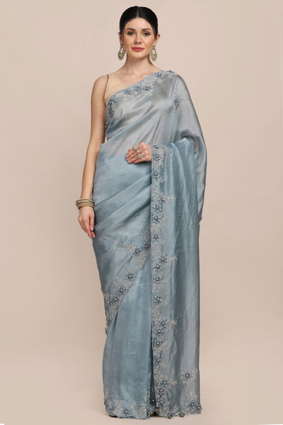 Stylish light blue color floral motif embroidered saree