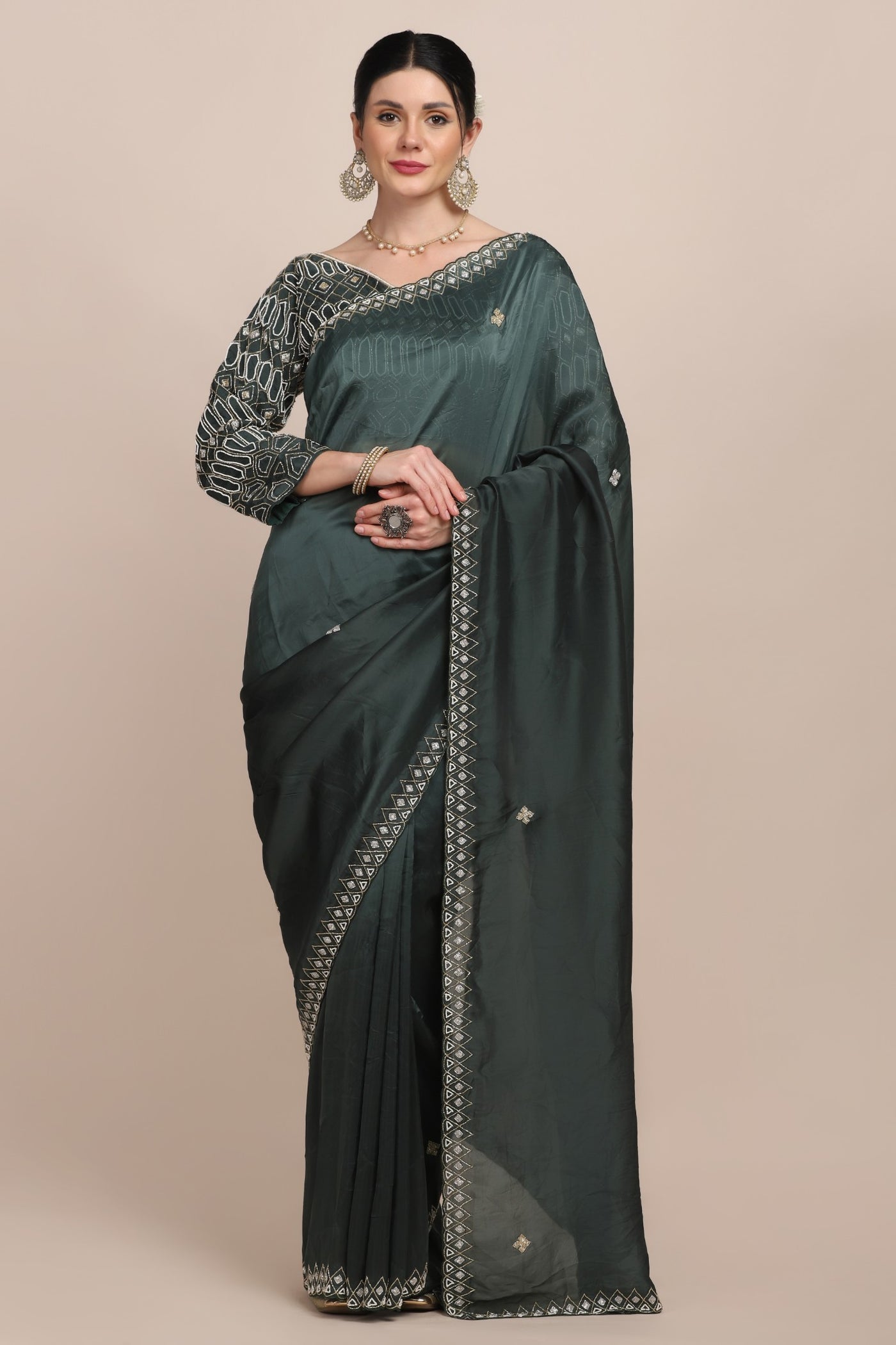 Beautiful green color floral motif embroidered saree